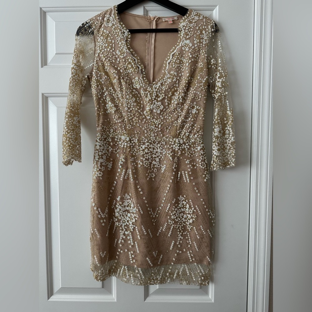 Nude, gold glitter dress